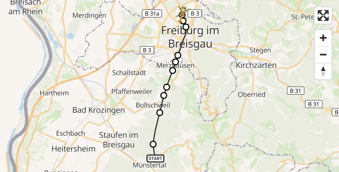 Flugroute Ambulanzhubschrauber Münstertal/Schwarzwald - Freiburg im Breisgau Flugplatz, 13 Oktober 2026, 14:03