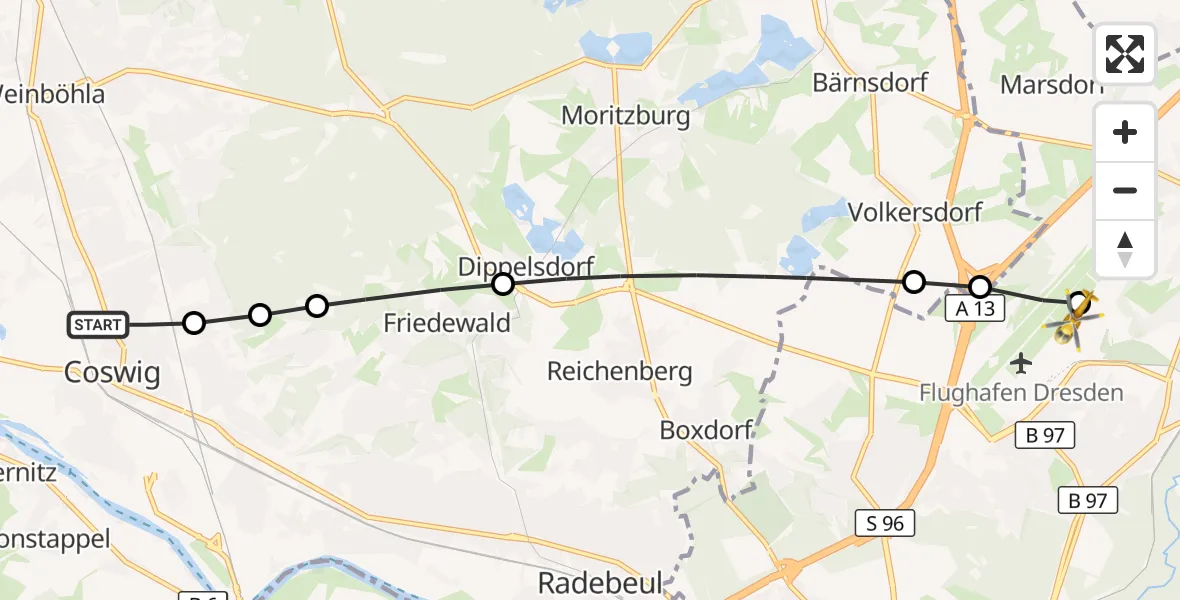 Flugroute Rettungshubschrauber Coswig - Dresden Bundespolizei Hubschrauberlandeplatz, 13 Oktober 2026, 14:05