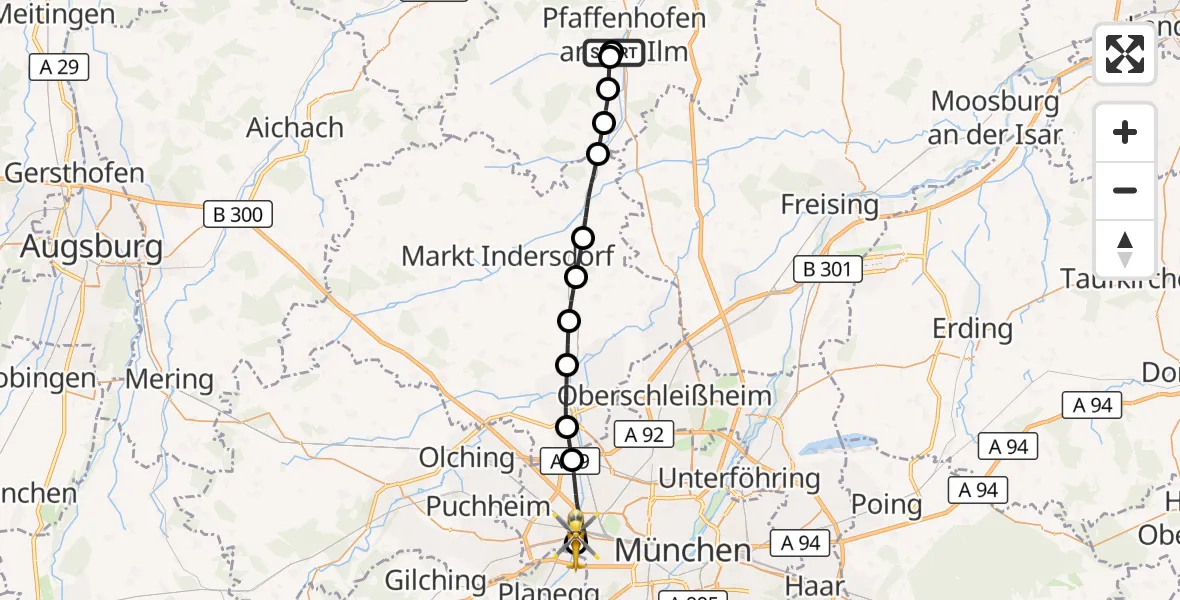 Flugroute Rettungshubschrauber Ilmtal Hospital Pfaffenhofen - Helios Clinic Munich West, 13 Oktober 2026, 14:14