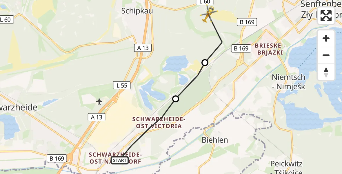 Flugroute Rettungshubschrauber Schwarzheide - Schipkau, 13 Oktober 2026, 14:17