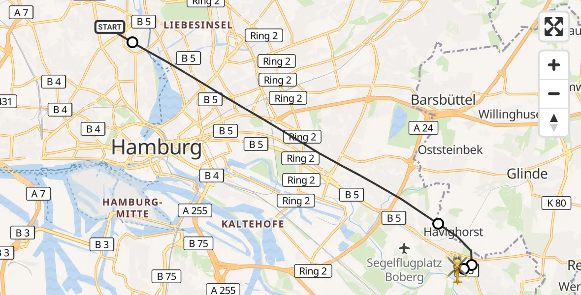 Flugroute Rettungshubschrauber Universitätsklinikum Hamburg-Eppendorf Hubschrauberlandeplatz - Christoph Hansa ADAC Hubschrauberlandeplatz, 13 Oktober 2026, 14:21