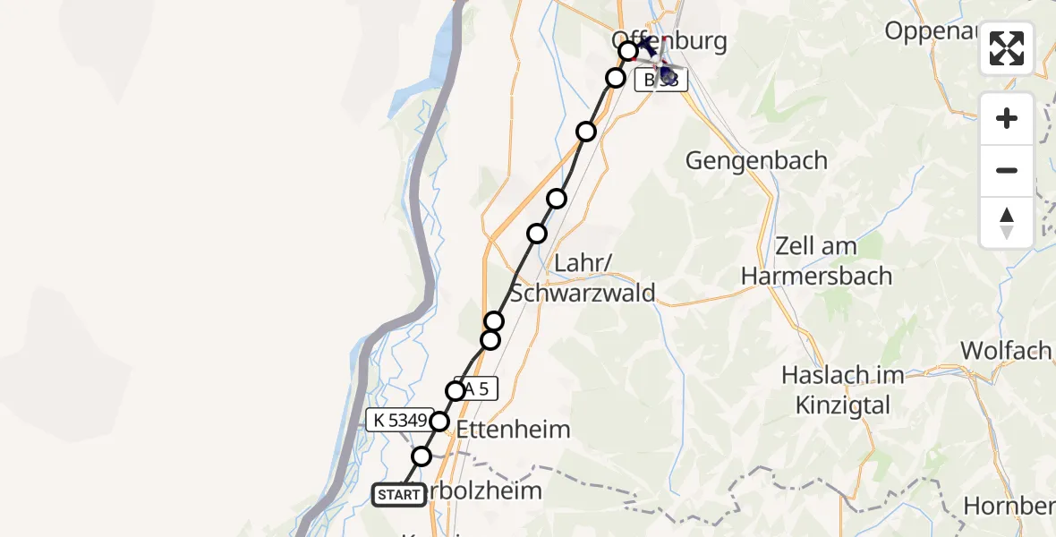 Flugroute Polizeihubschrauber Rheinhausen - Offenburg, 13 Oktober 2026, 14:23