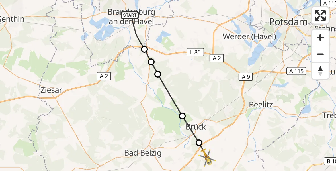 Flugroute Rettungshubschrauber Brandenburg an der Havel - Mühlenfließ, 13 Oktober 2026, 14:25