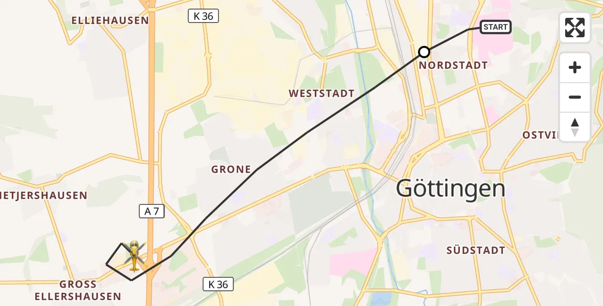 Flugroute Rettungshubschrauber Göttingen University Clinic Hubschrauberlandeplatz - Göttingen, 13 Oktober 2026, 14:26