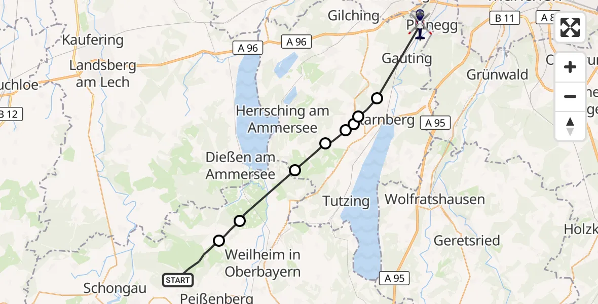 Flugroute Polizeihubschrauber Wessobrunn - Krailling, 13 Oktober 2026, 14:28