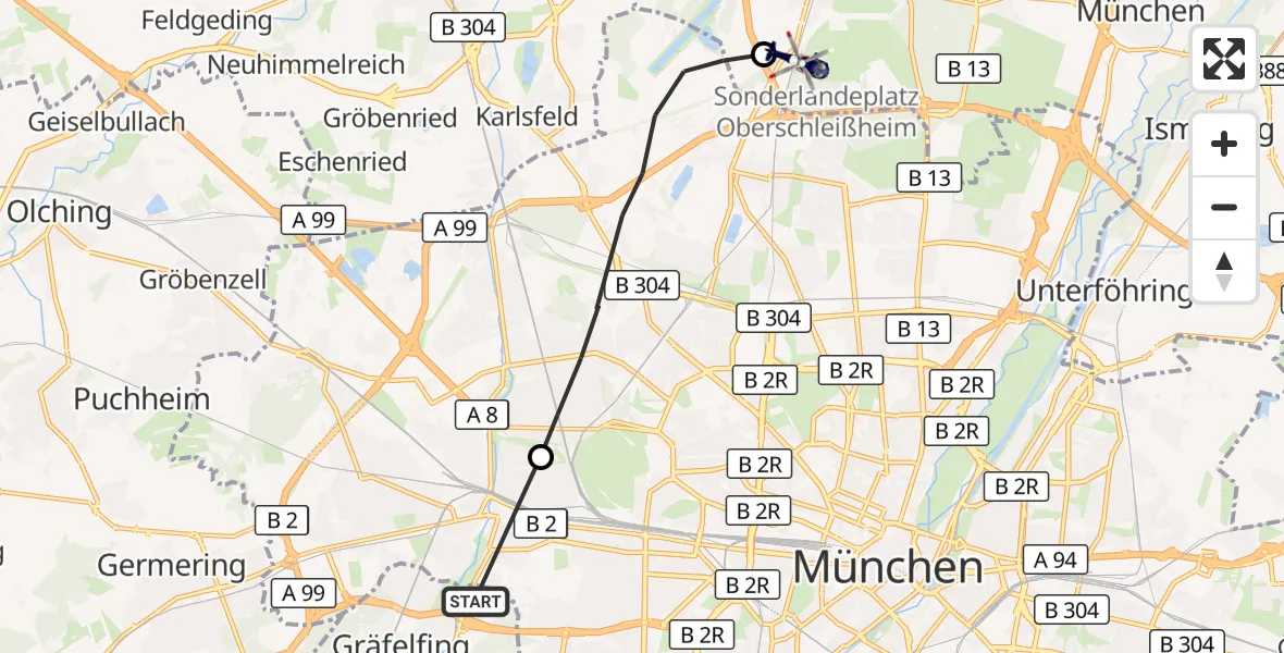 Flugroute Polizeihubschrauber Gräfelfing - Oberschleißheim, 13 Oktober 2026, 14:38