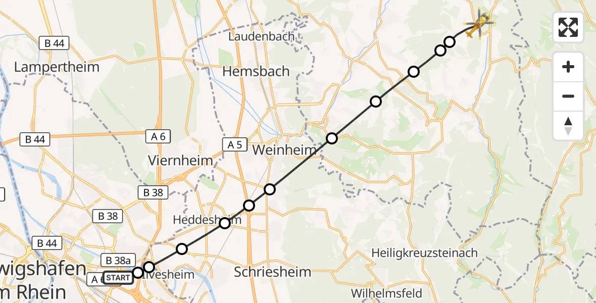 Flugroute Rettungshubschrauber Mannheim-City Flughafen - Grasellenbach, 13 Oktober 2026, 14:44