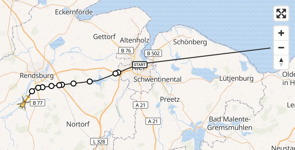 Flugroute Ambulanzhubschrauber Kiel - Schülp b.Rendsburg, 13 Oktober 2026, 14:45
