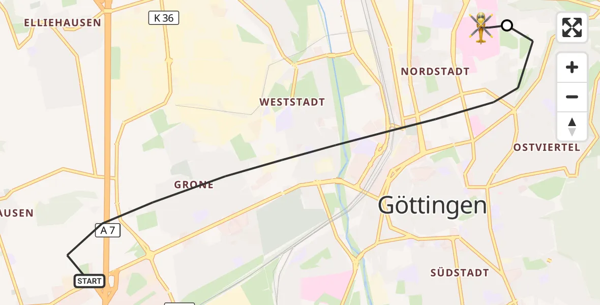 Flugroute Rettungshubschrauber Göttingen - Göttingen University Clinic Hubschrauberlandeplatz, 13 Oktober 2026, 14:45