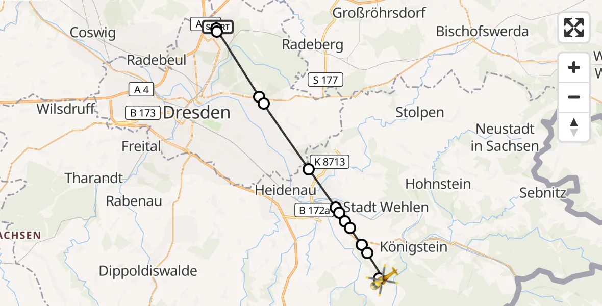 Flugroute Rettungshubschrauber Dresden Bundespolizei Hubschrauberlandeplatz - Bad Gottleuba-Berggießhübel, 13 Oktober 2026, 14:53