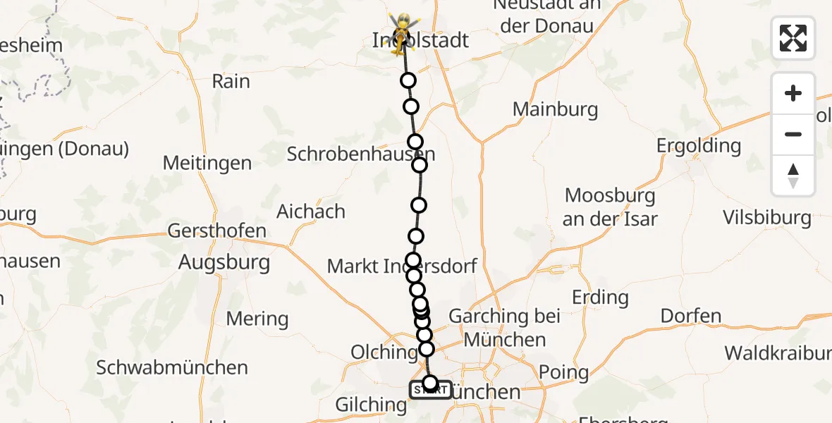 Flugroute Rettungshubschrauber Helios Clinic Munich West - Ingolstadt Hospital, 13 Oktober 2026, 15:00