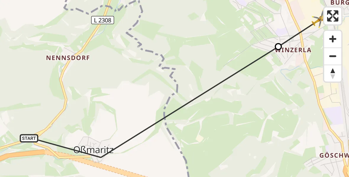 Flugroute Rettungshubschrauber Bucha - Jena, 13 Oktober 2026, 15:04