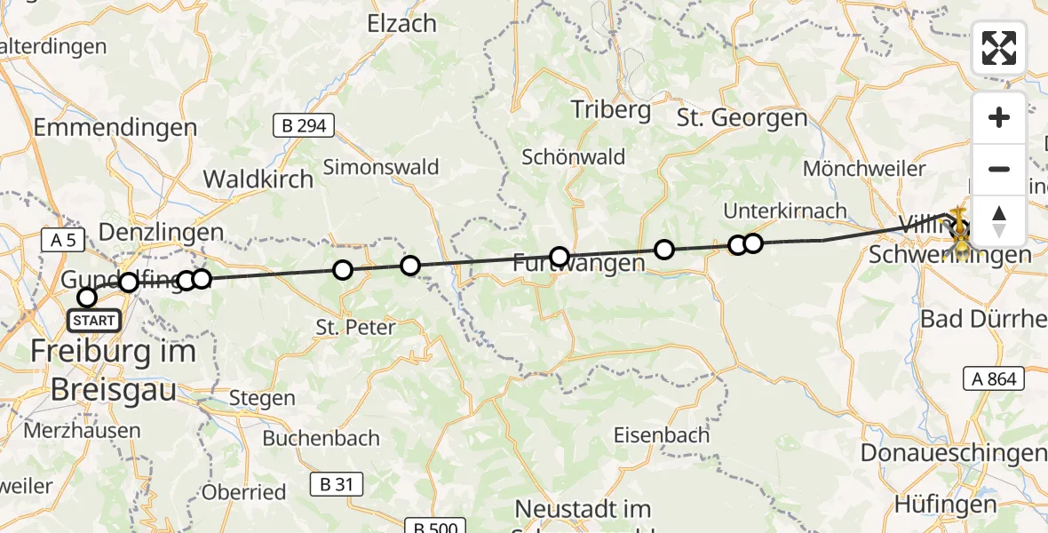 Flugroute Ambulanzhubschrauber Freiburg im Breisgau Flugplatz - DRF Air Rescue Station Villingen-Schwenningen Hubschrauberlandeplatz (Christoph 11), 13 Oktober 2026, 15:07
