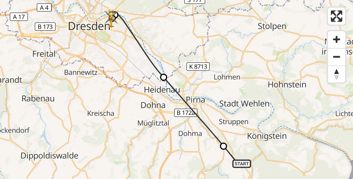 Flugroute Rettungshubschrauber Bad Gottleuba-Berggießhübel - Dresden University Hospital, 13 Oktober 2026, 15:24