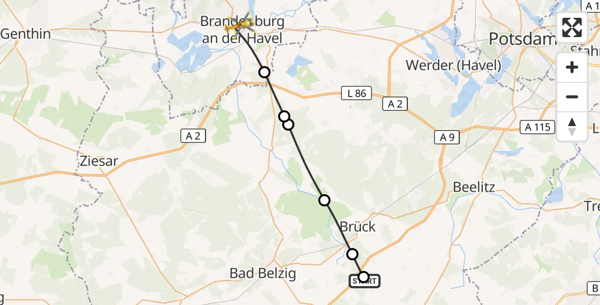 Flugroute Rettungshubschrauber Mühlenfließ - Brandenburg an der Havel, 13 Oktober 2026, 15:33