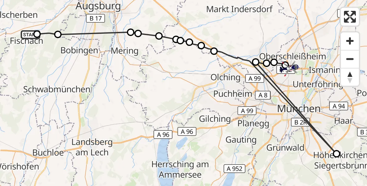 Flugroute Polizeihubschrauber Fischach - München, 13 Oktober 2026, 15:46