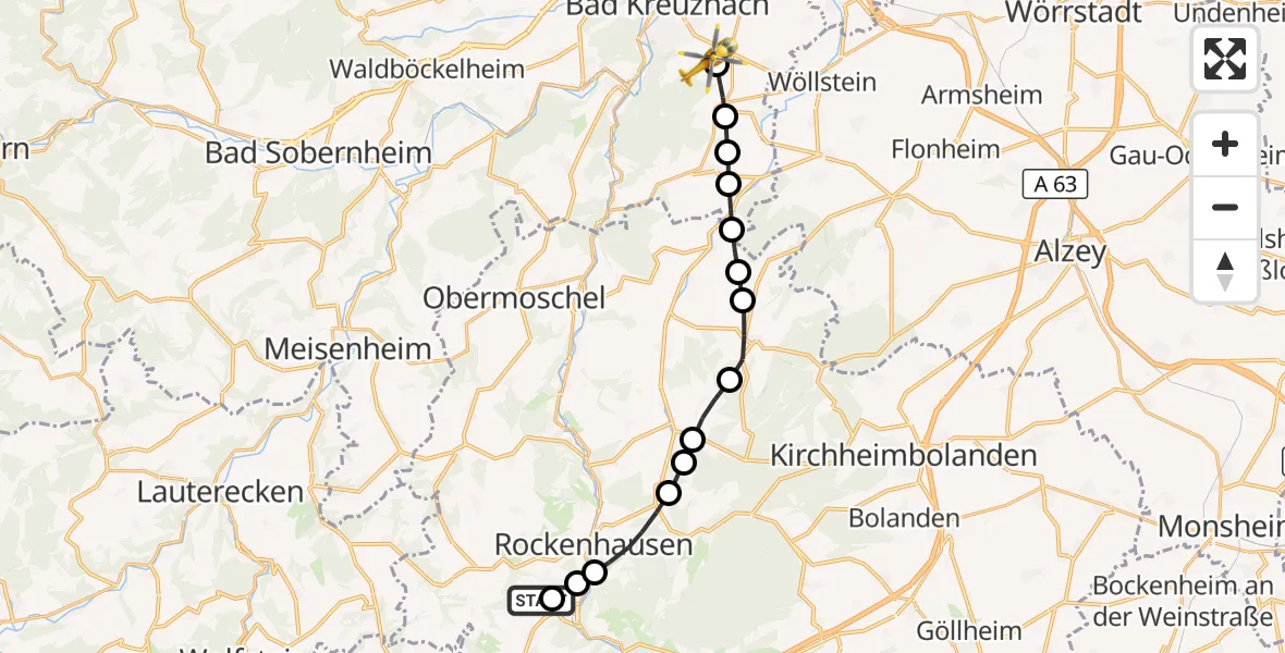 Flugroute Rettungshubschrauber Rockenhausen - Hackenheim, 13 Oktober 2026, 15:47