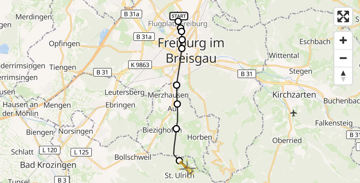 Flugroute Ambulanzhubschrauber Freiburg im Breisgau Flugplatz - Bollschweil, 13 Oktober 2026, 15:49