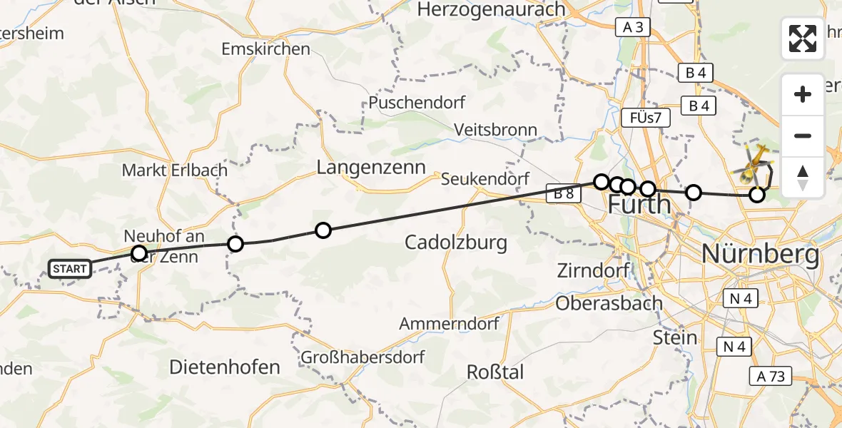 Flugroute Ambulanzhubschrauber Trautskirchen - Flughafen Nuremberg, 13 Oktober 2026, 16:01
