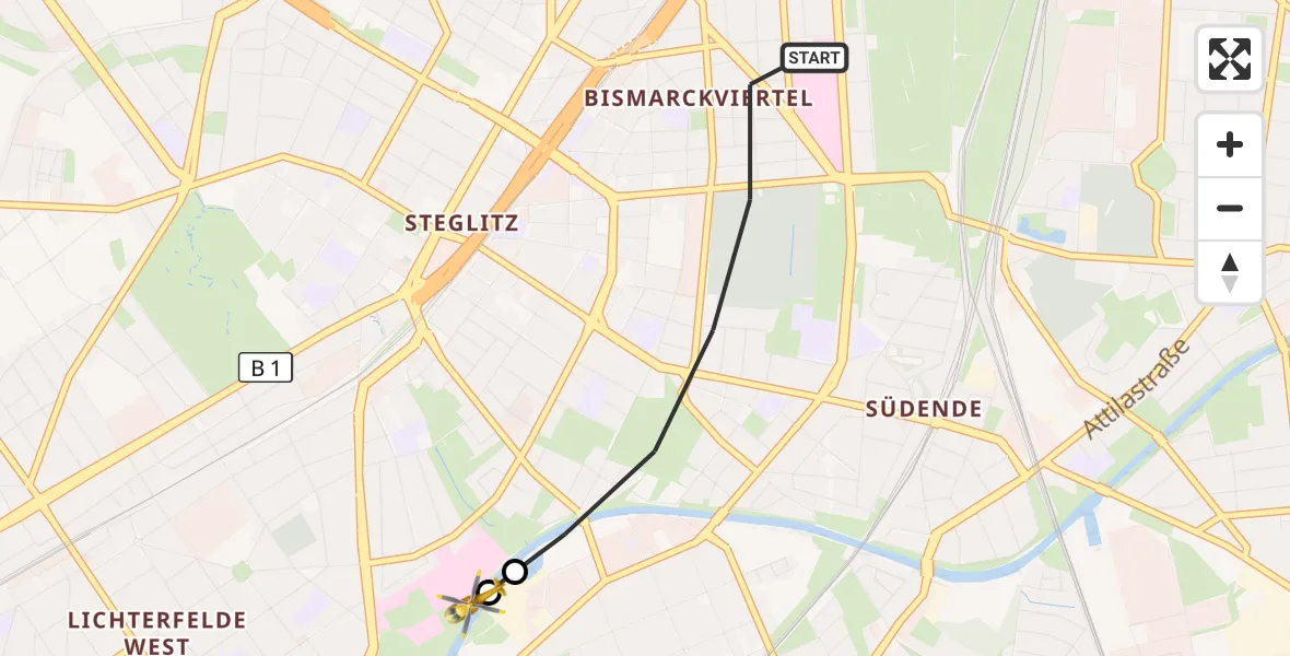 Flugroute Rettungshubschrauber Berlin - Charité Clinic Benjamin Franklin Campus, 13 Oktober 2026, 16:01