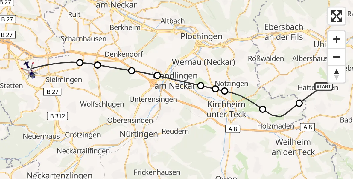 Flugroute Polizeihubschrauber Hattenhofen - Flughafen Stuttgart, 13 Oktober 2026, 16:09