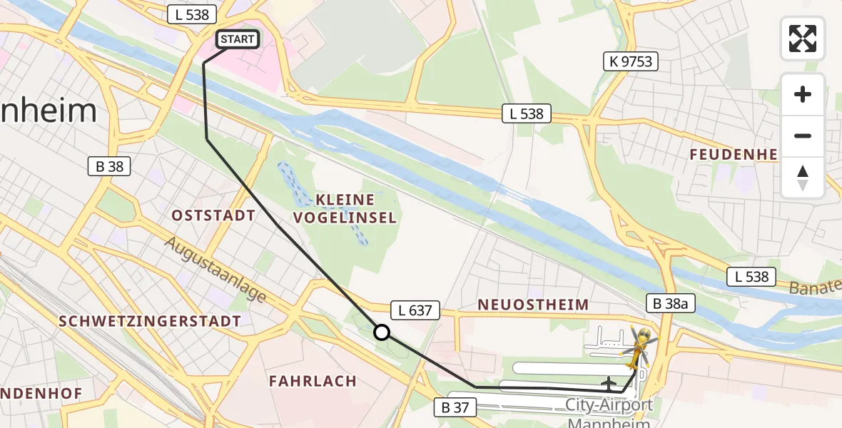Flugroute Rettungshubschrauber Mannheim - Mannheim-City Flughafen, 13 Oktober 2026, 16:13