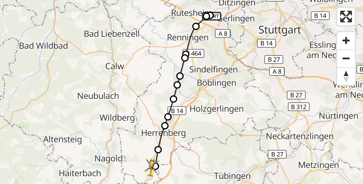 Flugroute Rettungshubschrauber Leonberg Hospital - Bondorf, 13 Oktober 2026, 16:17