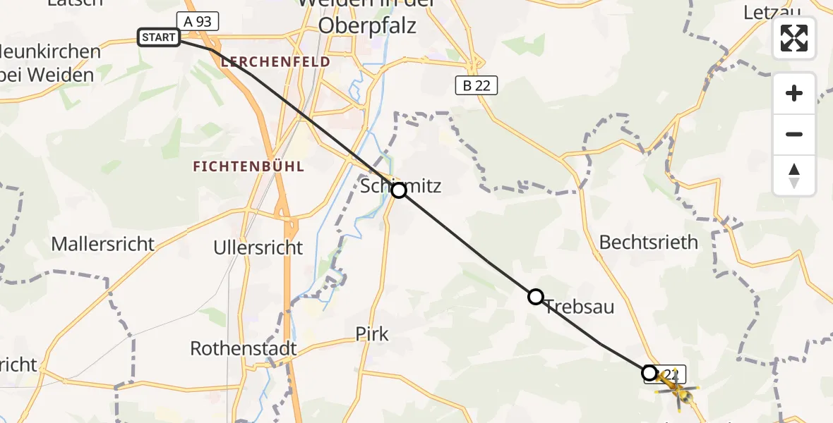 Flugroute Ambulanzhubschrauber Weiden i.d.OPf. - Irchenrieth, 13 Oktober 2026, 16:25