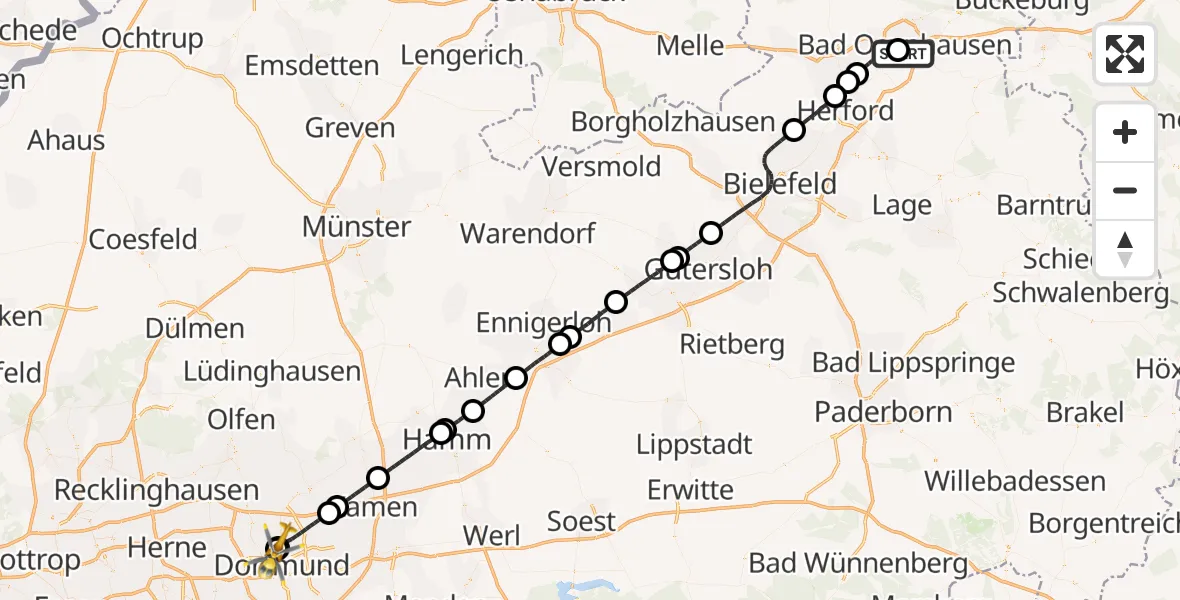 Flugroute Ambulanzhubschrauber Bad Oeynhausen - Dortmund Hospital North, 13 Oktober 2026, 16:28