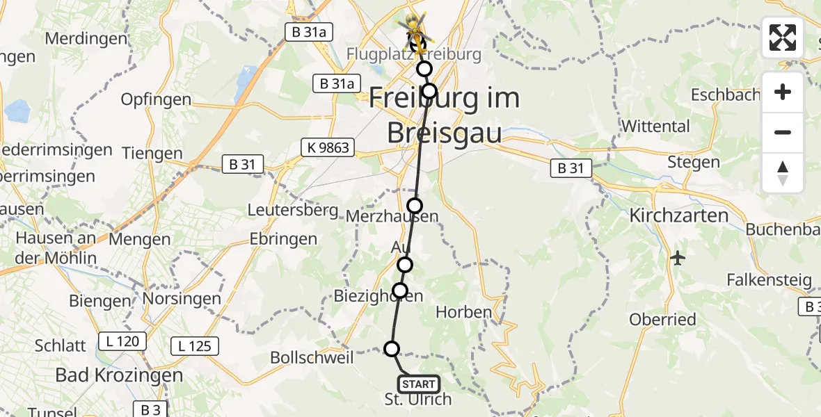 Flugroute Ambulanzhubschrauber Bollschweil - Freiburg im Breisgau Flugplatz, 13 Oktober 2026, 16:30