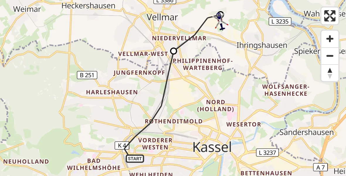 Flugroute Polizeihubschrauber Kassel - Fuldatal Bundespolizei Hubschrauberlandeplatz, 13 Oktober 2026, 16:44