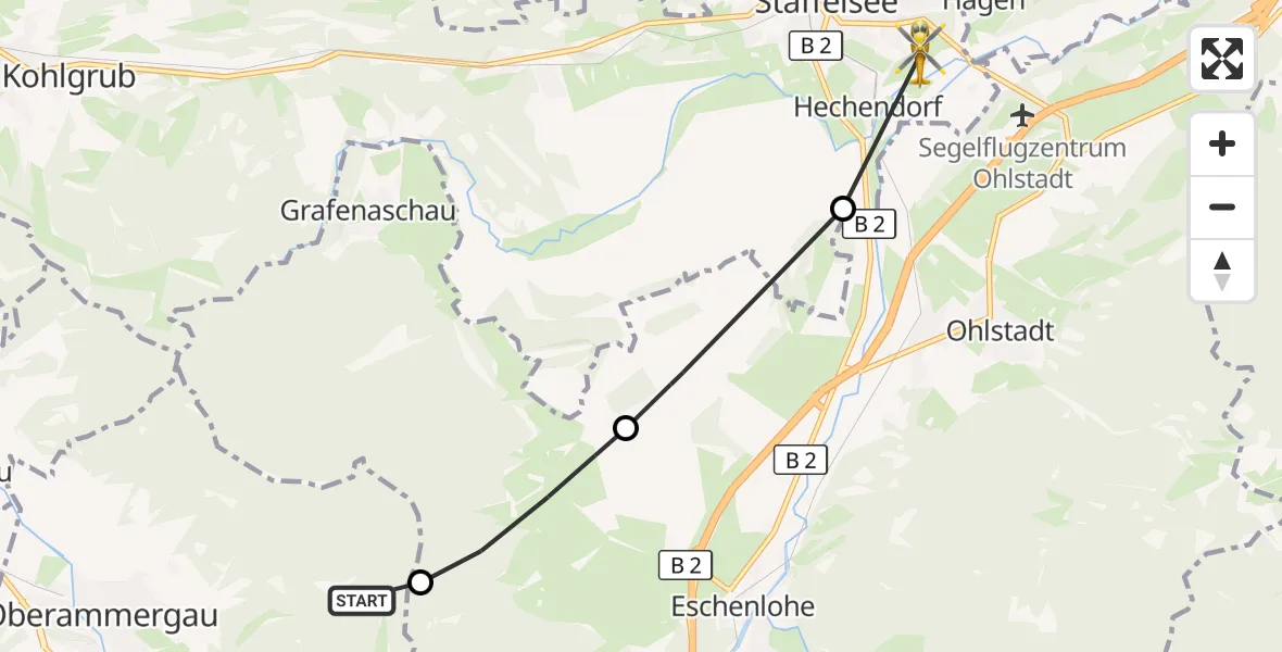 Flugroute Rettungshubschrauber Oberammergau - Murnau Accident Hospital Hubschrauberlandeplatz, 13 Oktober 2026, 16:44