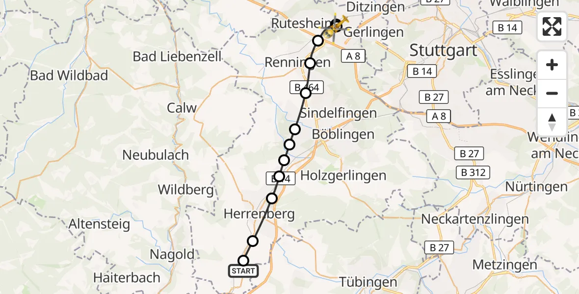 Flugroute Rettungshubschrauber Bondorf - Leonberg Hospital, 13 Oktober 2026, 16:53
