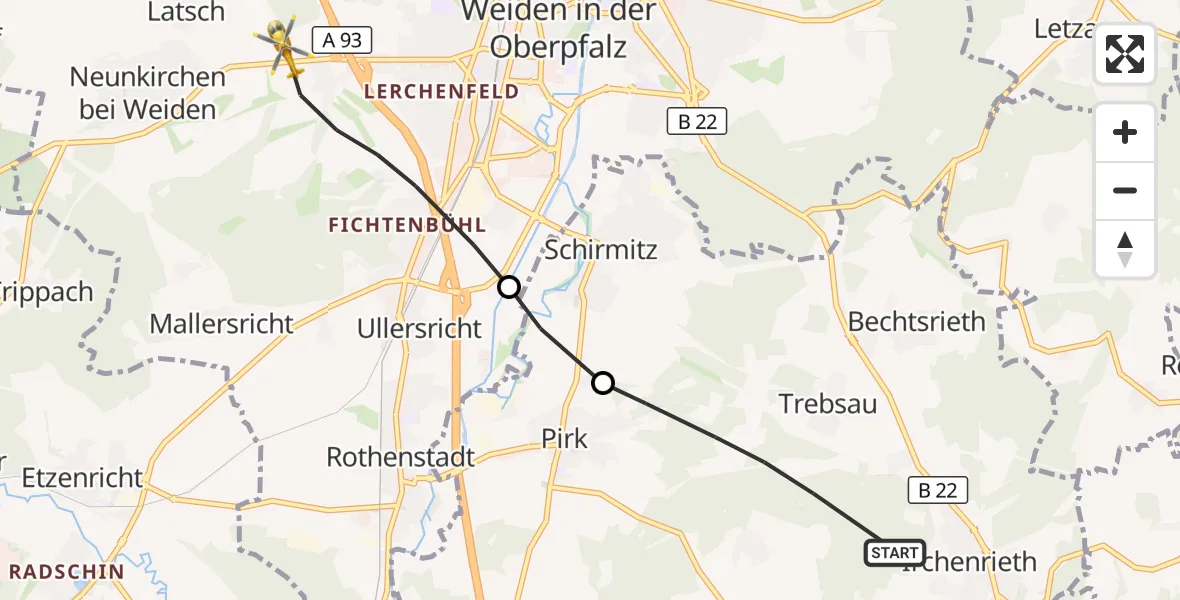 Flugroute Ambulanzhubschrauber Pirk - Weiden i.d.OPf., 13 Oktober 2026, 16:53