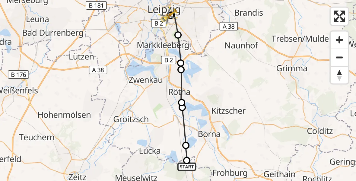 Flugroute Rettungshubschrauber Haselbach - Leipzig University Hospital Heliport 2, 13 Oktober 2026, 17:04