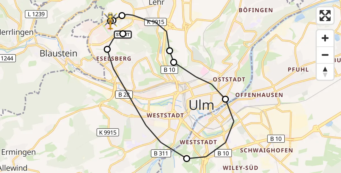 Flugroute Rettungshubschrauber Ulm Military Hospital Emergency - ADAC Air Rescue Station Ulm (Christoph 22), 13 Oktober 2026, 17:12