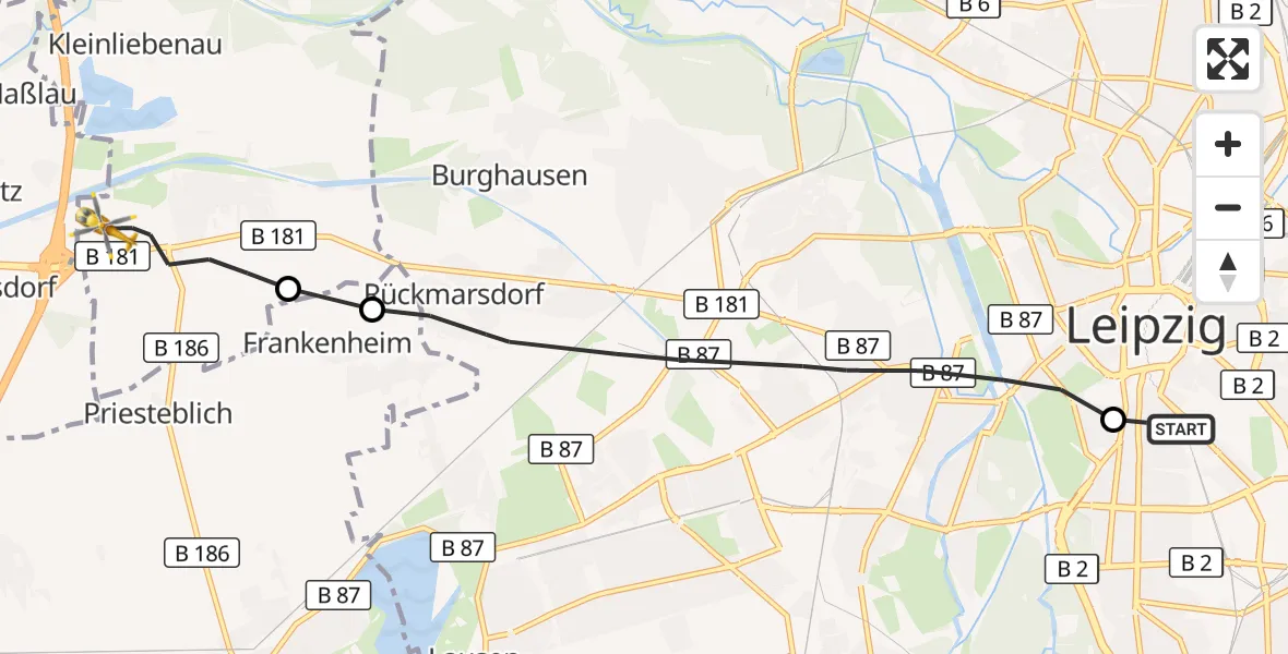 Flugroute Rettungshubschrauber Leipzig University Hospital Heliport 1 - ADAC Air Rescue Station Leipzig/Schkeuditz-Dölzig Hubschrauberlandeplatz (Christoph 61), 13 Oktober 2026, 17:37