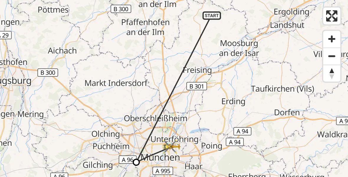 Flugroute Rettungshubschrauber Rudelzhausen - München, 13 Oktober 2026, 17:51