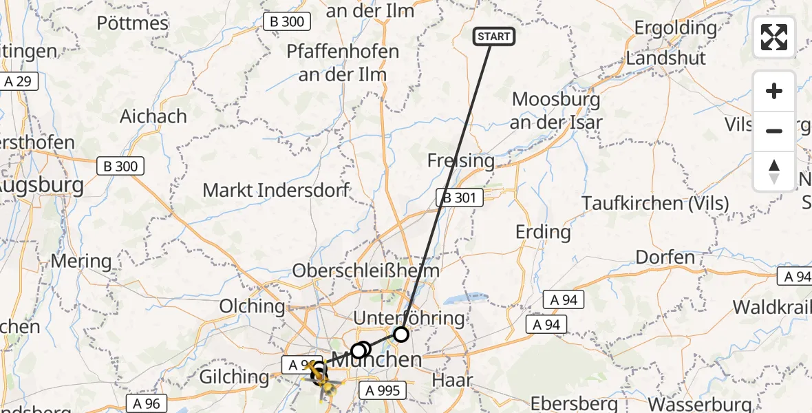 Flugroute Rettungshubschrauber Rudelzhausen - DRF Air Rescue München Hubschrauberlandeplatz, 13 Oktober 2026, 18:21