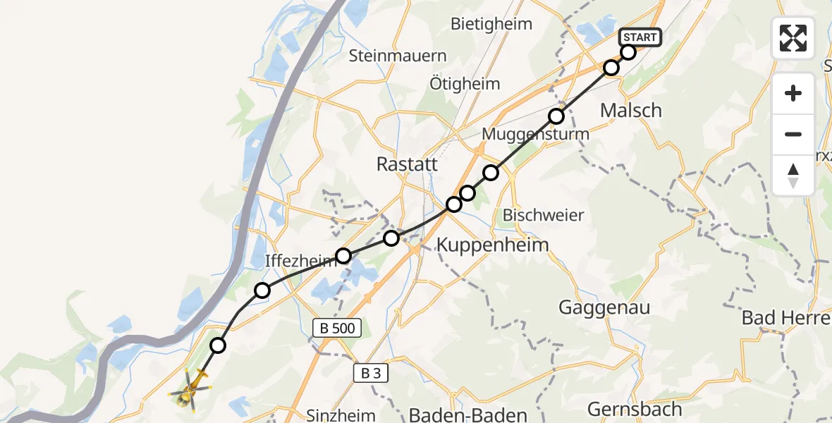 Flugroute Ambulanzhubschrauber Malsch - Karlsruhe Baden-Baden Flughafen, 13 Oktober 2026, 18:25