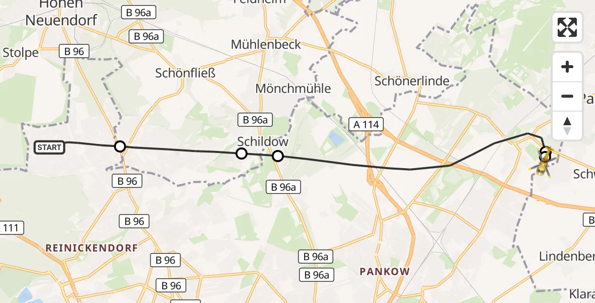 Flugroute Rettungshubschrauber Berlin - Helios Clinic Berlin-Buch, 13 Oktober 2026, 18:40