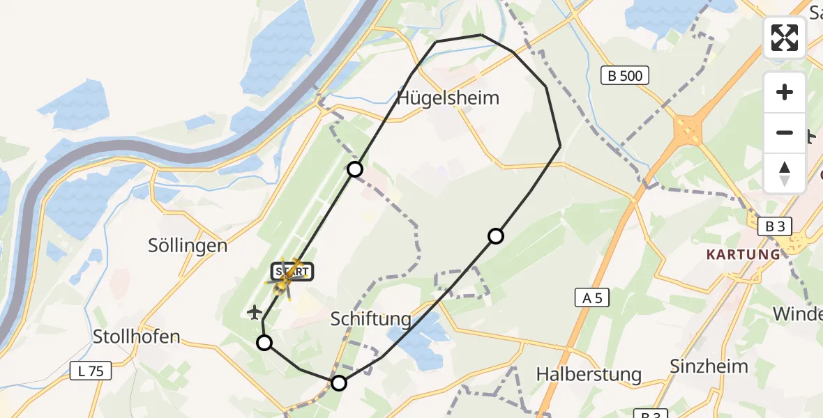 Flugroute Ambulanzhubschrauber Karlsruhe Baden-Baden Flughafen - Karlsruhe Baden-Baden Flughafen, 13 Oktober 2026, 18:56