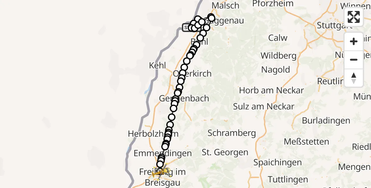 Flugroute Ambulanzhubschrauber Karlsruhe Baden-Baden Flughafen - Freiburg im Breisgau Flugplatz, 13 Oktober 2026, 19:04