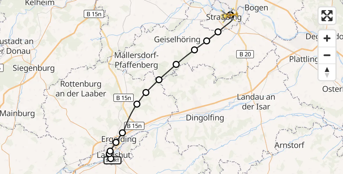 Flugroute Rettungshubschrauber Lakumed Hospital Landshut-Achdorf - Sankt Elisabeth Hospital Straubing, 13 Oktober 2026, 19:05