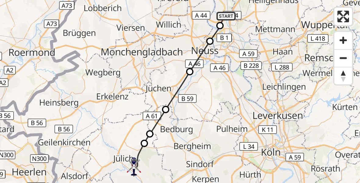 Flugroute Polizeihubschrauber Düsseldorf Flughafen - Jülich, 13 Oktober 2026, 19:06