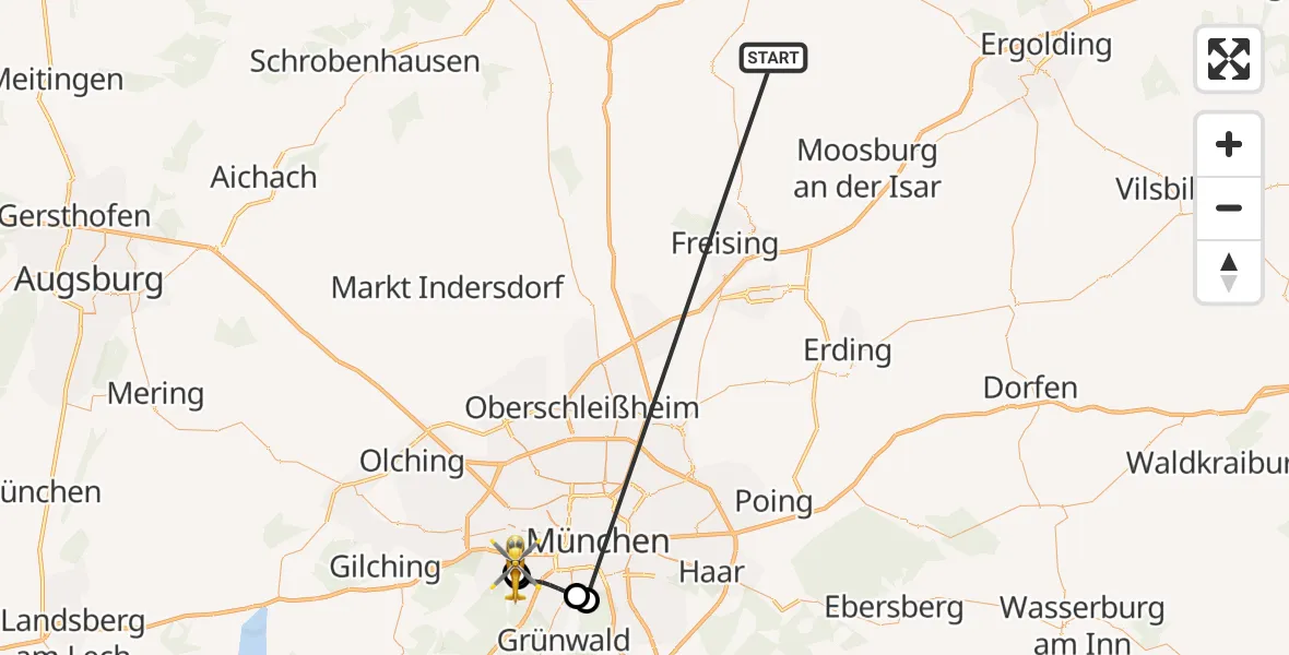 Flugroute Rettungshubschrauber Rudelzhausen - DRF Air Rescue München Hubschrauberlandeplatz, 13 Oktober 2026, 20:00