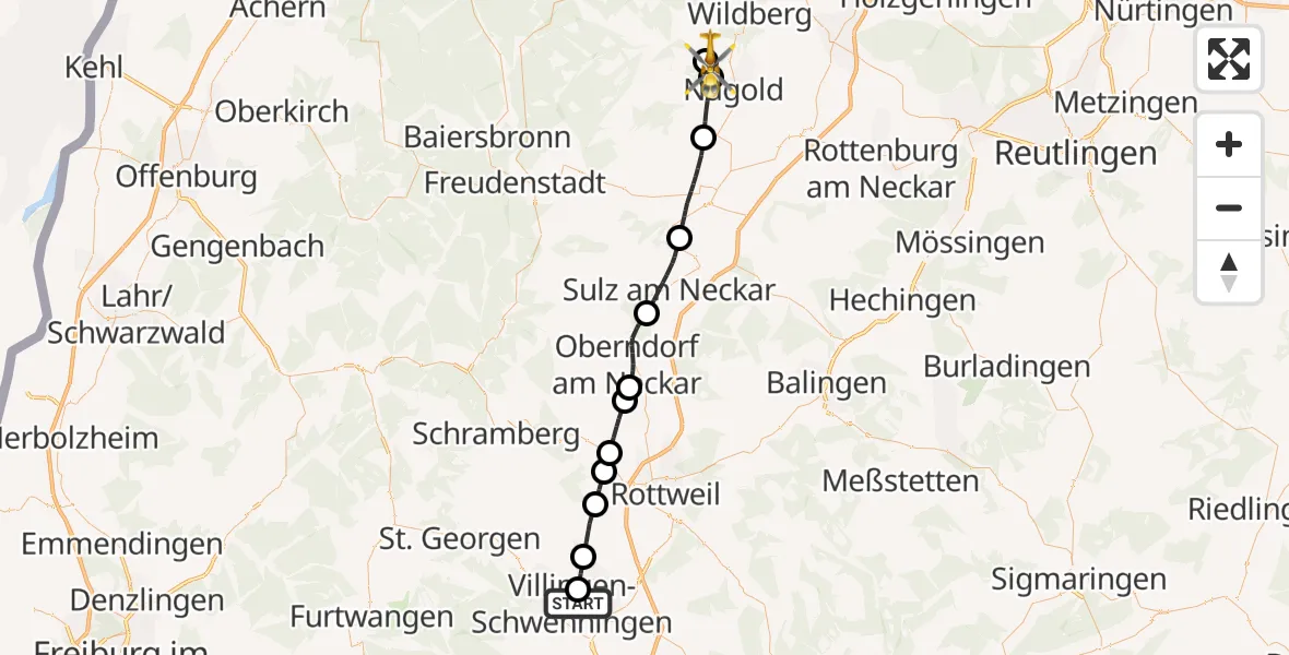 Flugroute Ambulanzhubschrauber DRF Air Rescue Station Villingen-Schwenningen Hubschrauberlandeplatz (Christoph 11) - Ebhausen, 13 Oktober 2026, 20:14