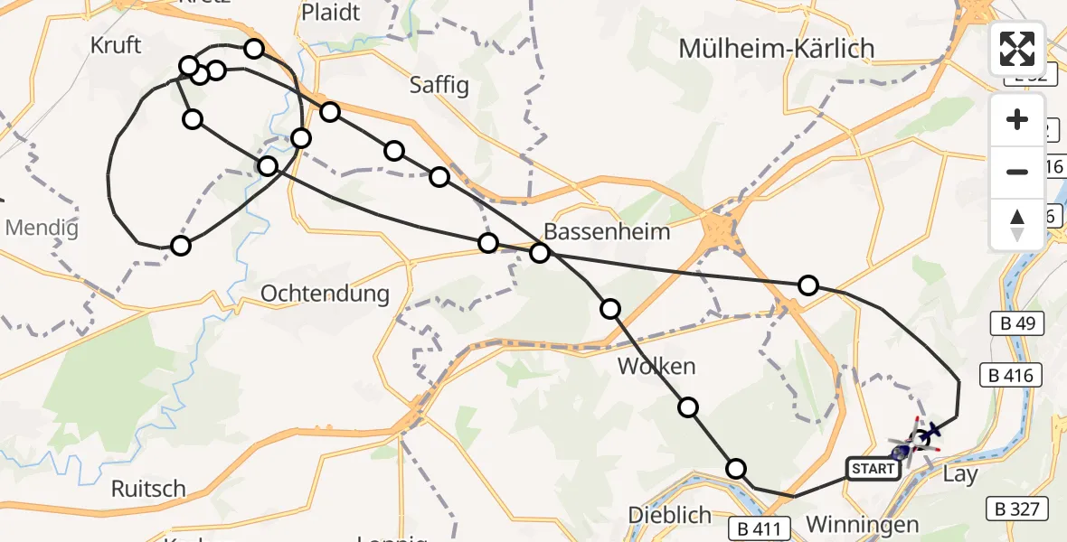 Flugroute Polizeihubschrauber Winningen - Koblenz-Winningen Flugplatz, 13 Oktober 2026, 23:26