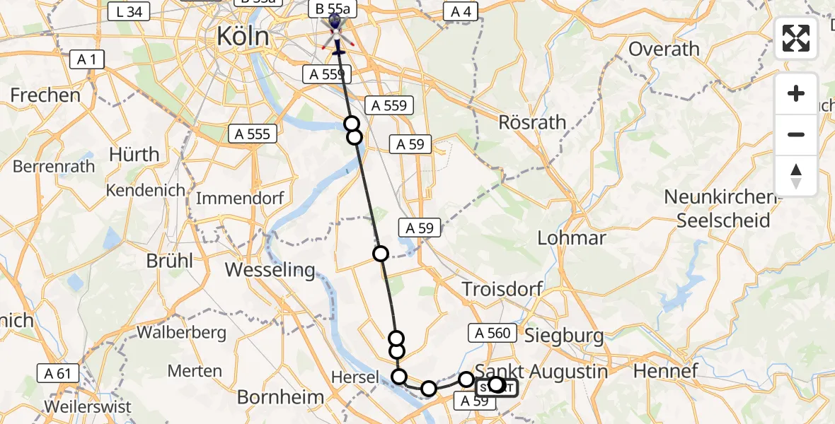 Flugroute Polizeihubschrauber Sankt Augustin - Köln, 14 Oktober 2026, 00:23