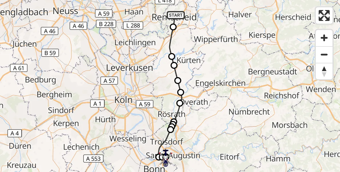 Flugroute Polizeihubschrauber Remscheid - Sankt Augustin, 14 Oktober 2026, 02:03